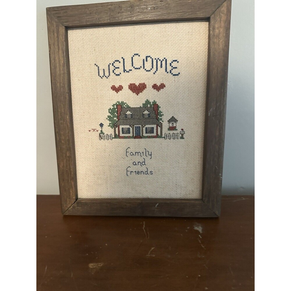 Vtg Framed Matted Cross Stitch "Welcome Friends" Handmade Country Decor